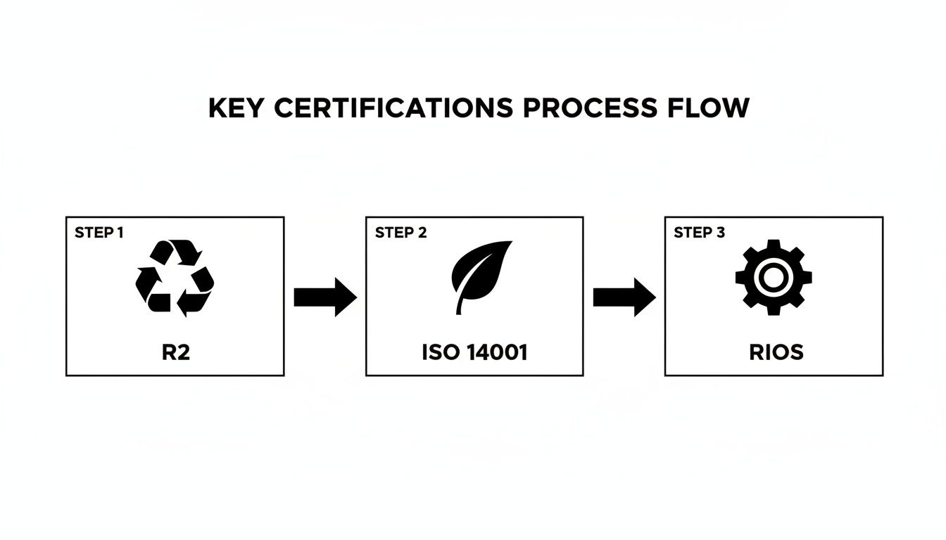 Key certifications process flow diagram showing steps for R2, ISO 14001, and RIOS standards.