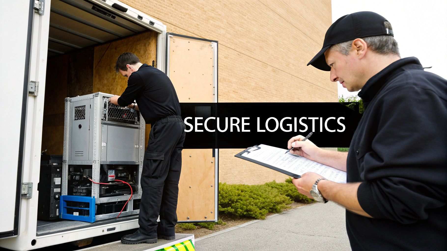 Two men handling server equipment during secure logistics operations, one loading a truck, the other checking a clipboard.