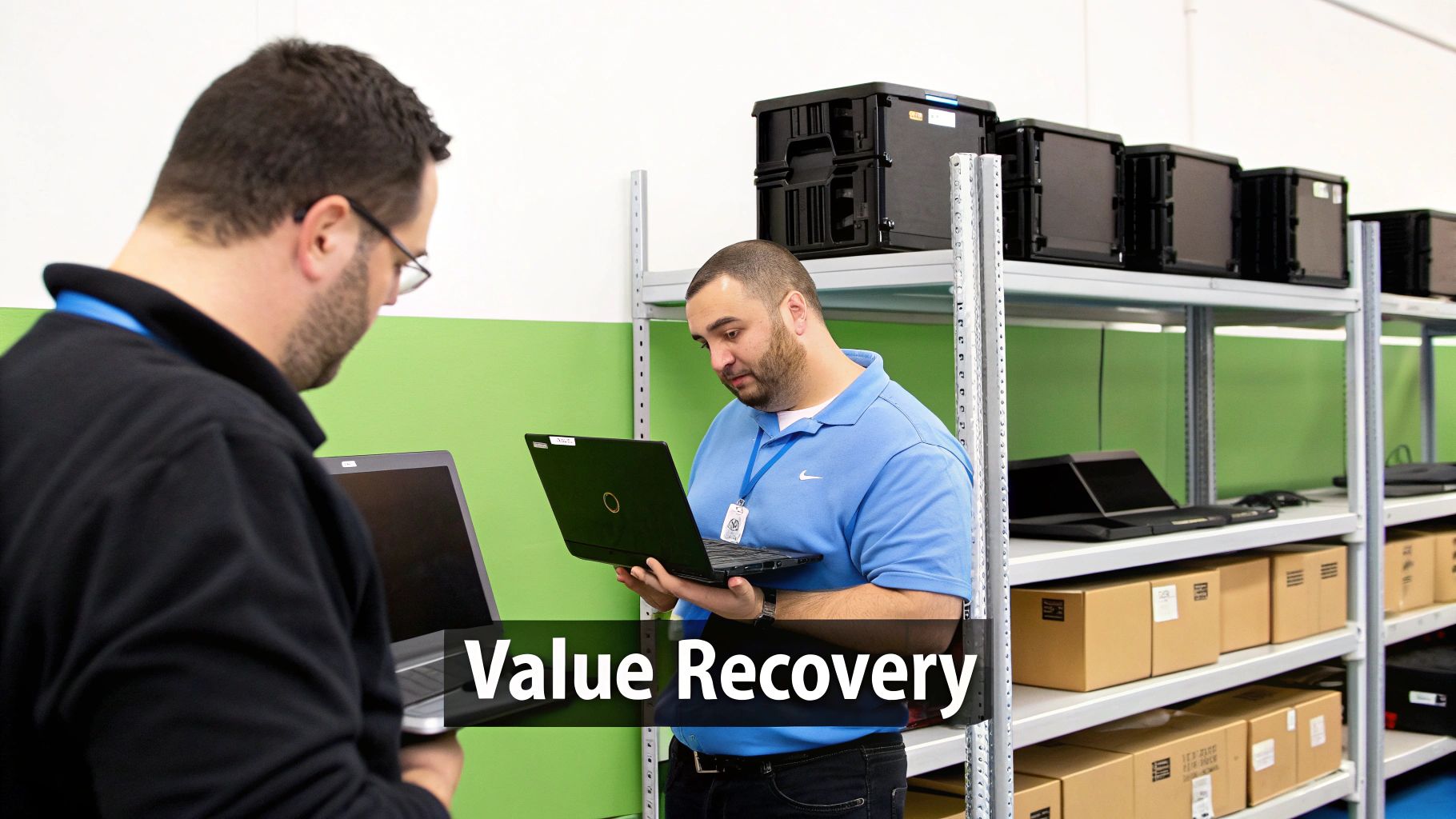 Two men in an IT facility inspecting laptops, surrounded by shelves of equipment and boxes.