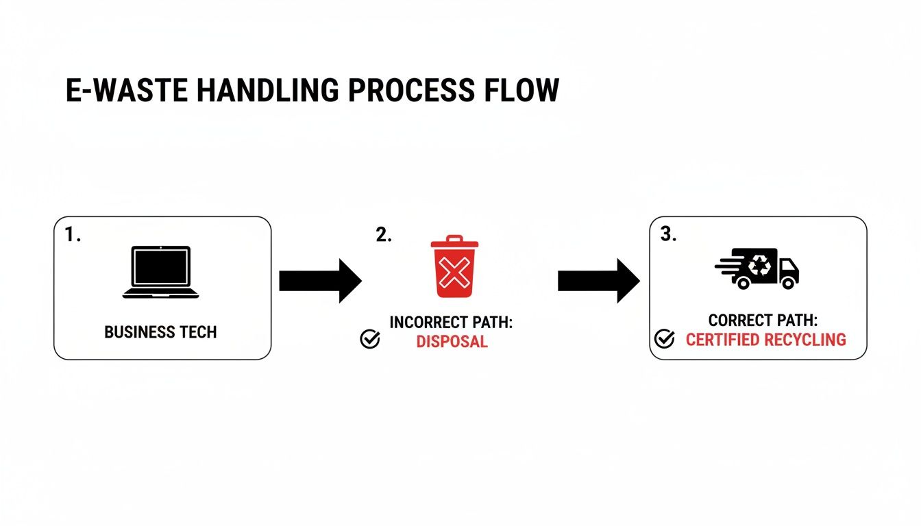 E-waste handling process flow showing business tech, incorrect disposal, and correct certified recycling.