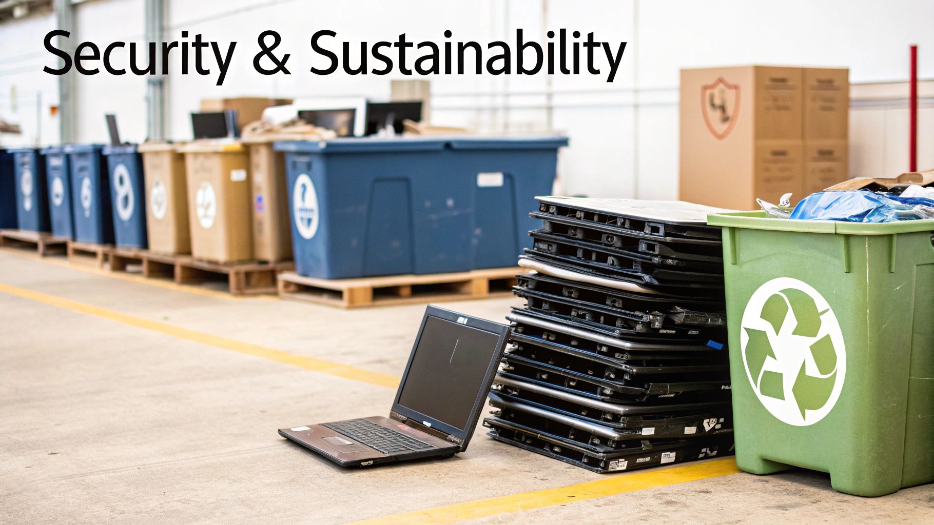 Electronics recycling facility showing bins, laptops, and a green recycling bin, highlighting security and sustainability.