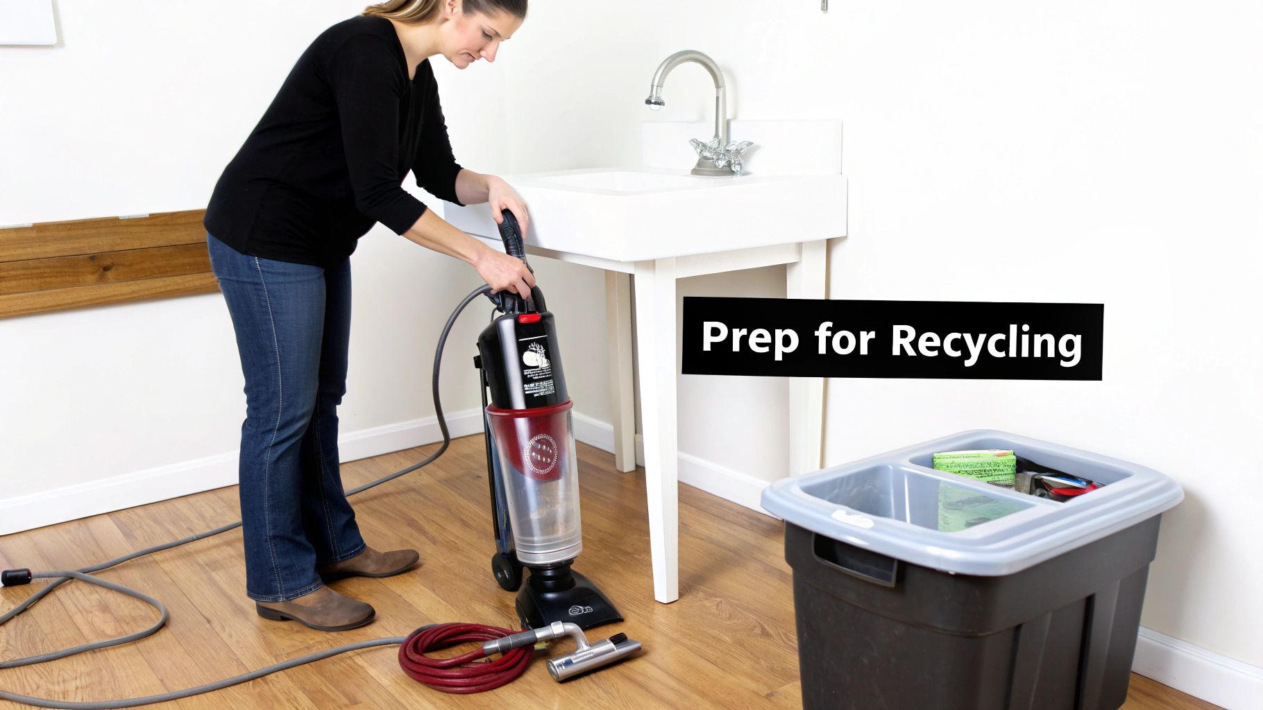 A disassembled vacuum cleaner with its parts laid out on a wooden floor, ready for recycling.