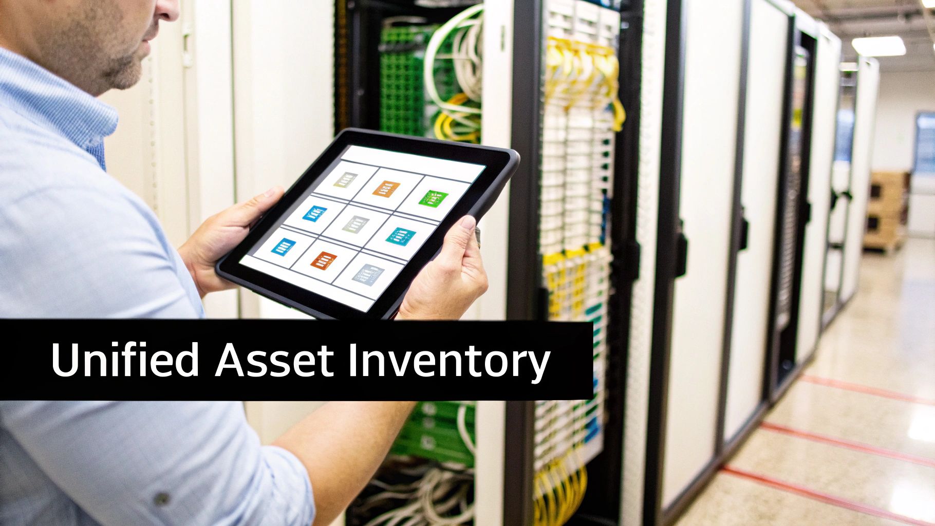 A man uses a tablet to manage IT assets in a server room, displaying a unified inventory.