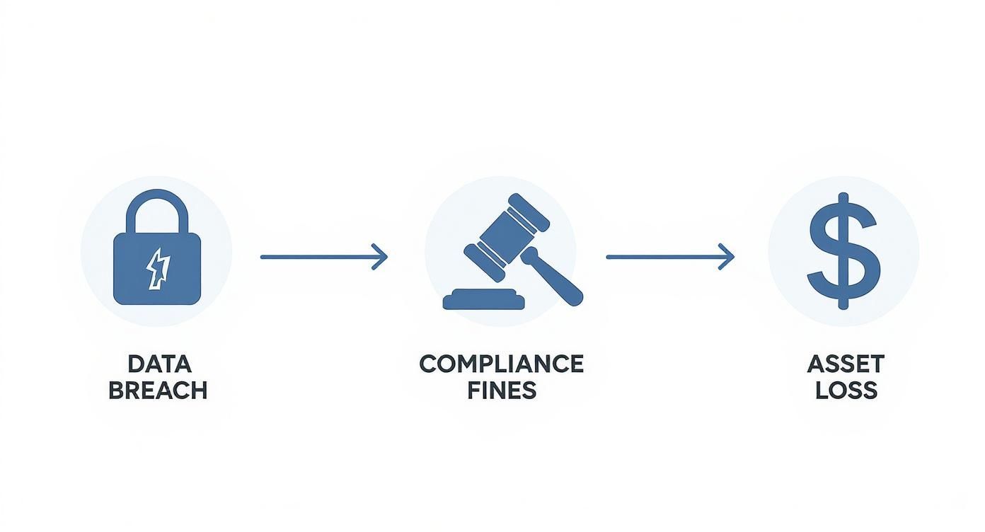 Flowchart showing data breach leading to compliance fines resulting in asset loss with icons