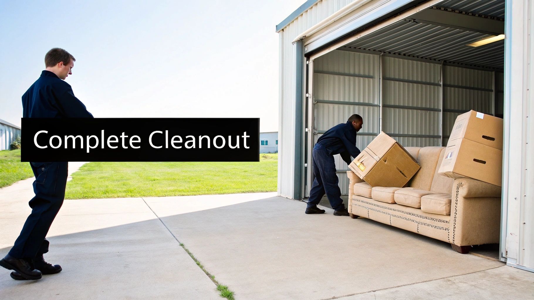 Two men are performing a complete cleanout, moving a sofa and boxes from a storage unit.