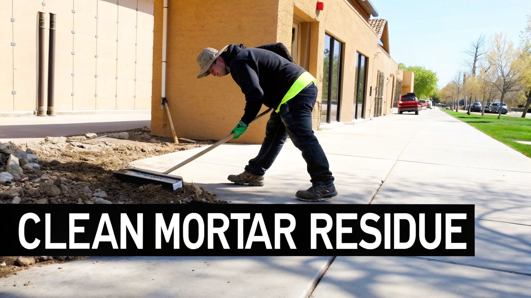 A construction worker in a hat and gloves sweeps mortar residue from a concrete sidewalk.