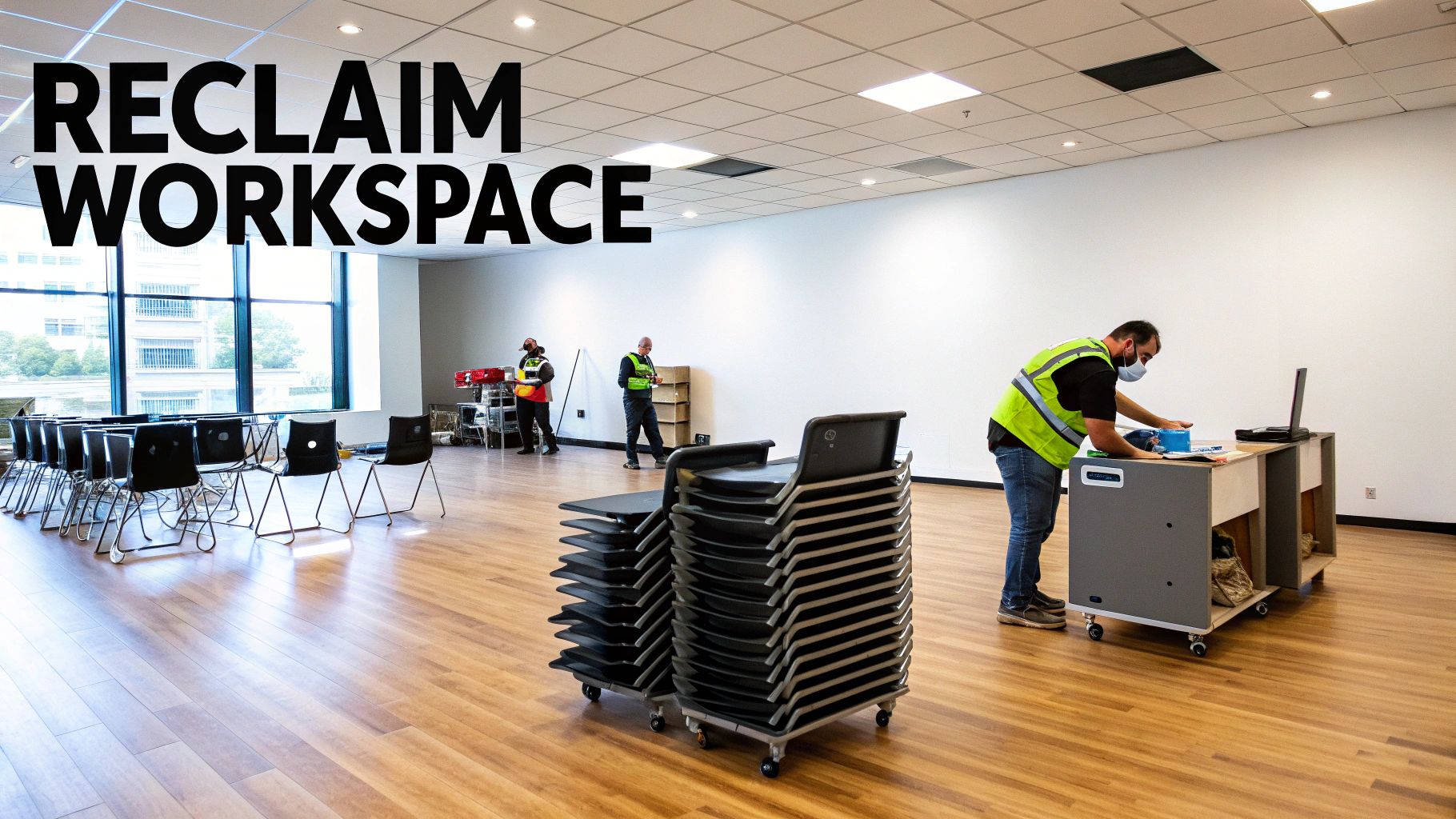 Workers in safety vests set up an empty room, reclaiming the workspace with chairs and desks.