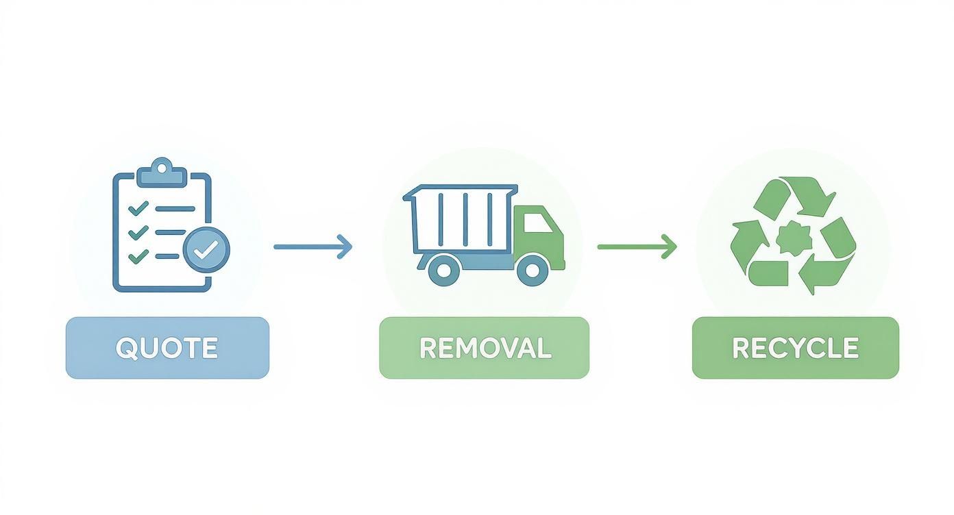 Infographic illustrating the three-step process of commercial junk removal: quote, removal, and recycle.