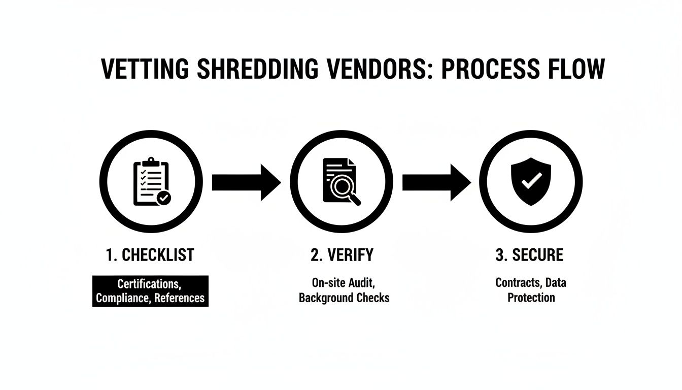 A process flow diagram shows three steps for vetting shredding vendors: checklist, verify, and secure.