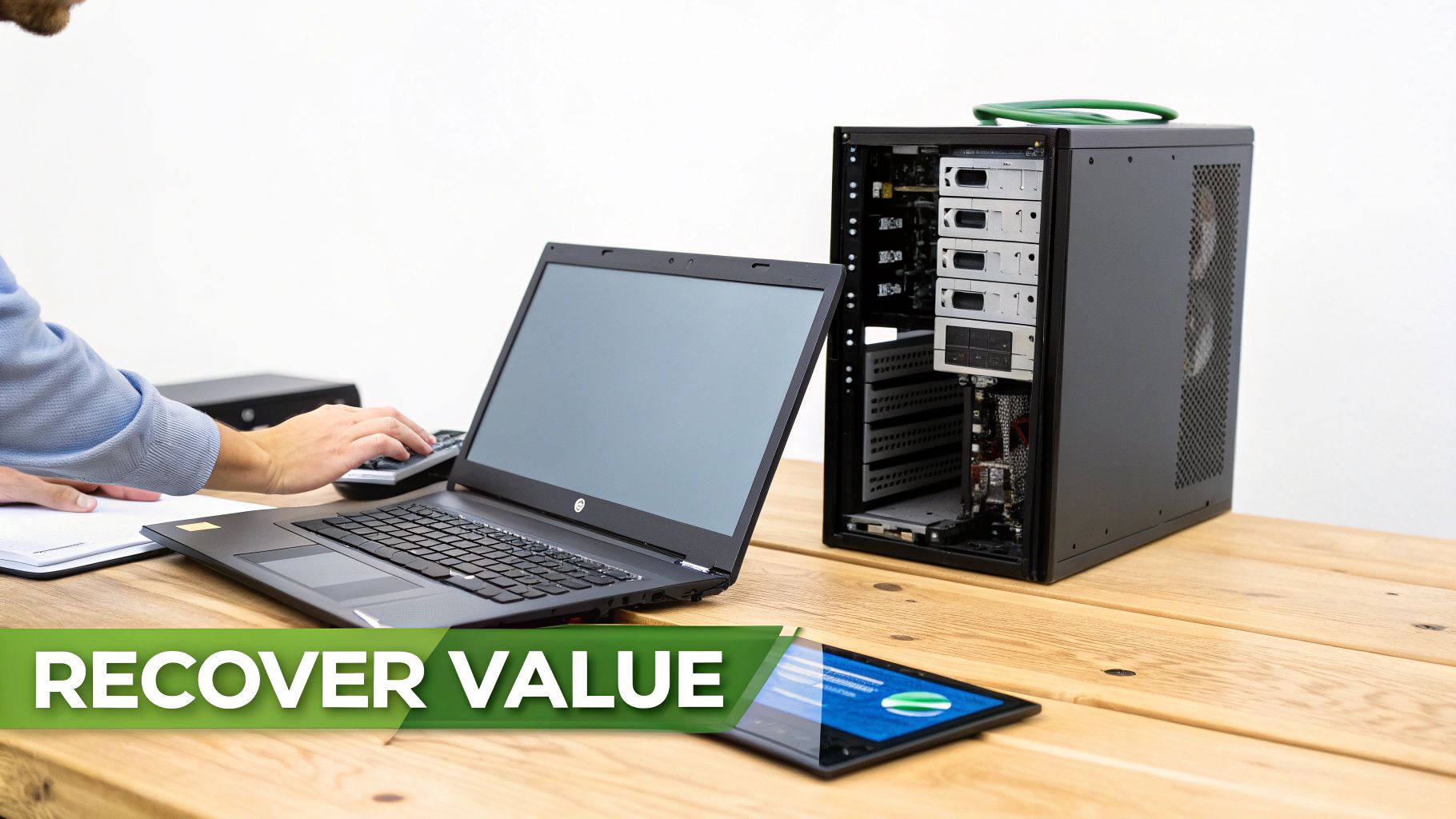 A person using a calculator next to a laptop, server tower, and tablet on a wooden desk.