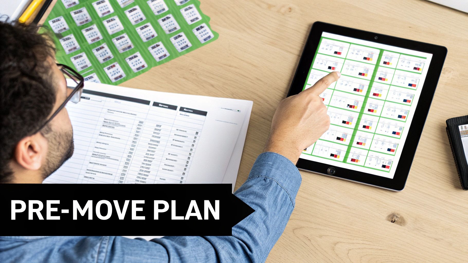 A person reviews a pre-move plan, looking at documents and a digital plan on a tablet.