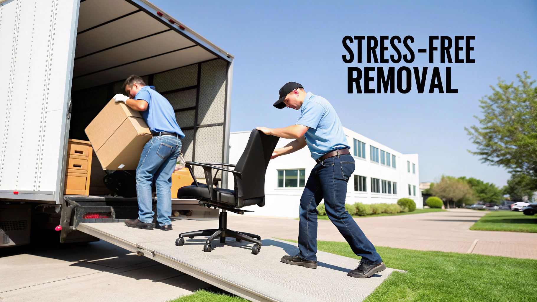 Two movers loading boxes and an office chair onto a white moving truck via a ramp, with 'Stress-Free Removal' text.