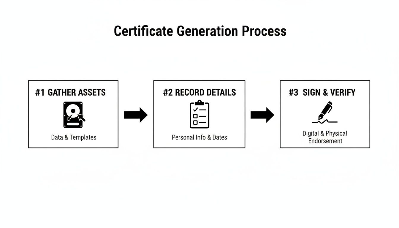 Certificate generation process infographic illustrating steps: gather assets, record details, and sign & verify for data destruction compliance.
