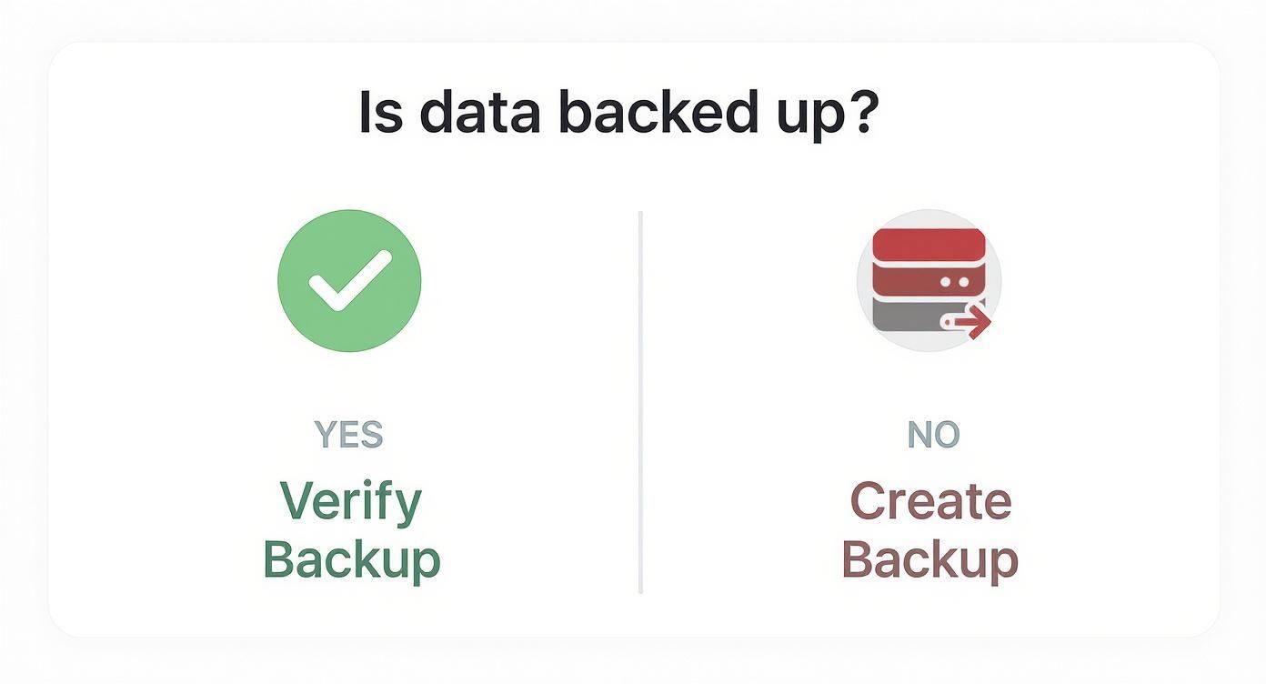 An interface asking 'Is data backed up?' with options 'Yes, Verify Backup' and 'No, Create Backup'.