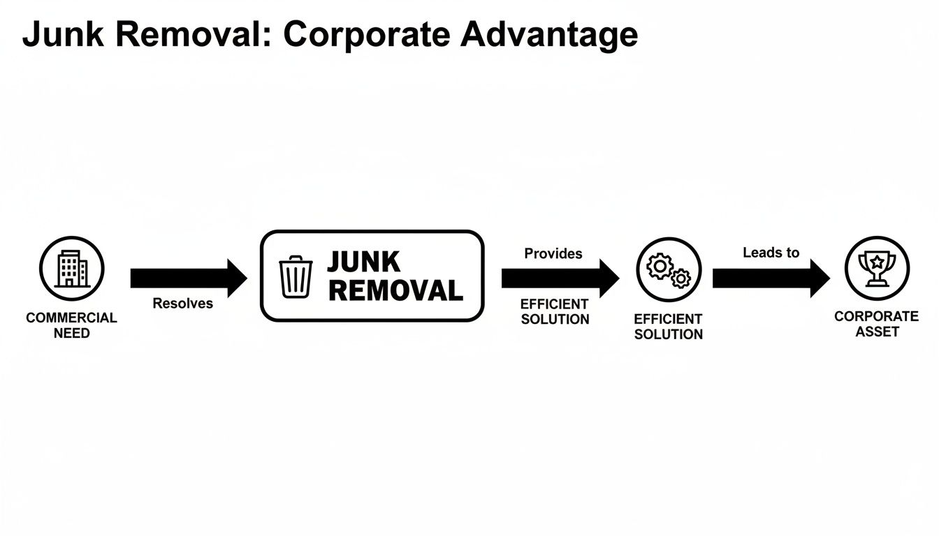 Flowchart illustrating how junk removal resolves commercial needs, providing efficient solutions and leading to corporate assets.