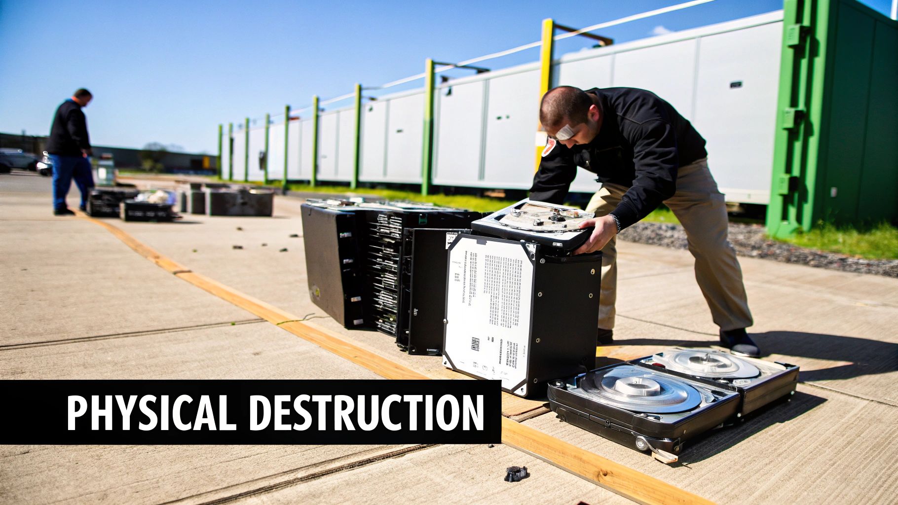 Industrial shredder destroying hard drives