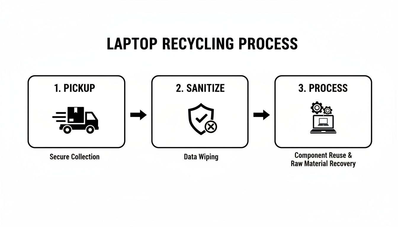 Three-step laptop recycling process illustrating secure pickup, data wiping, and material recovery.