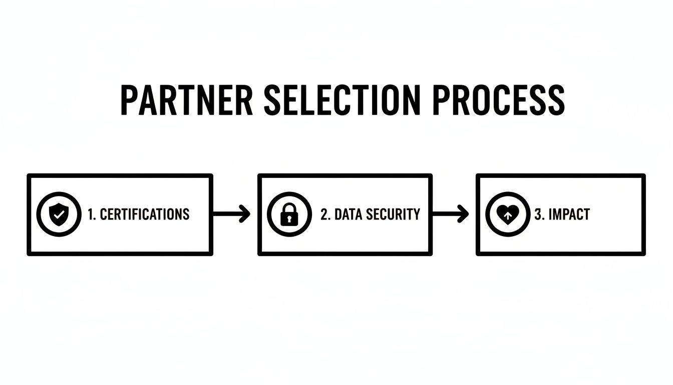 A clear flowchart outlining the partner selection process with three key steps: certifications, data security, and impact.