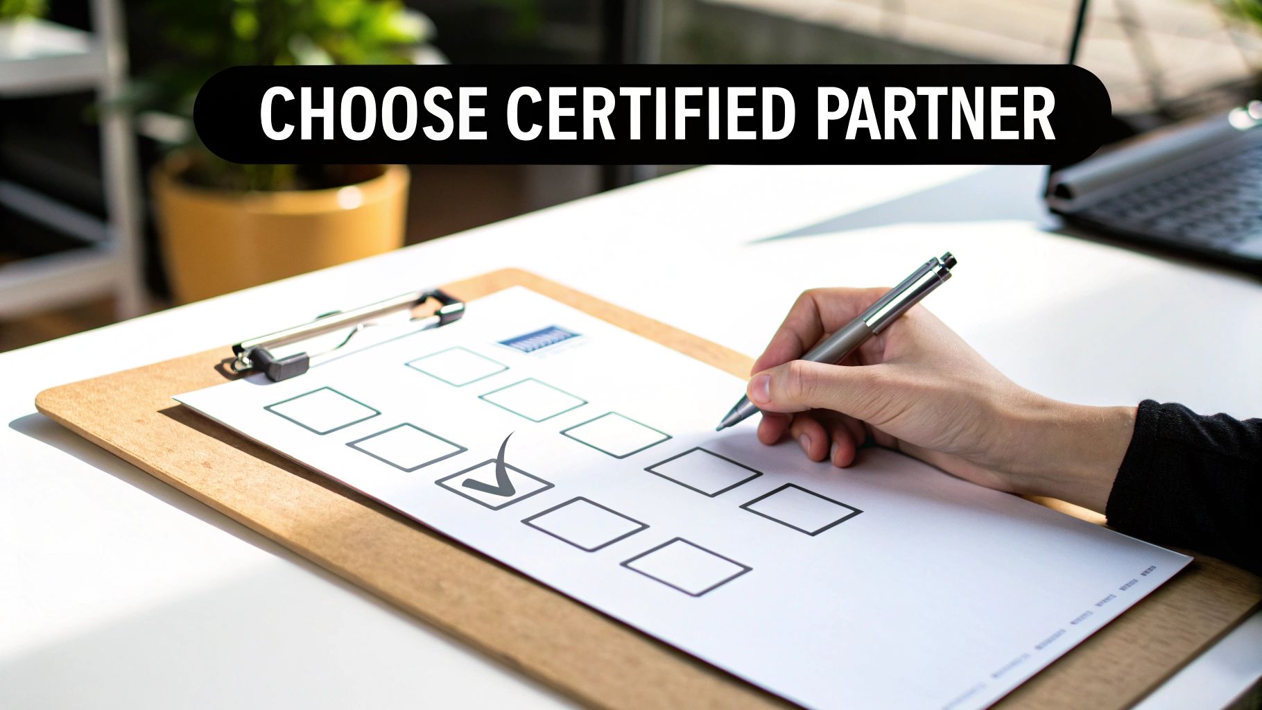 A hand holding a pen checks a box on a paper checklist on a clipboard, signifying choice.