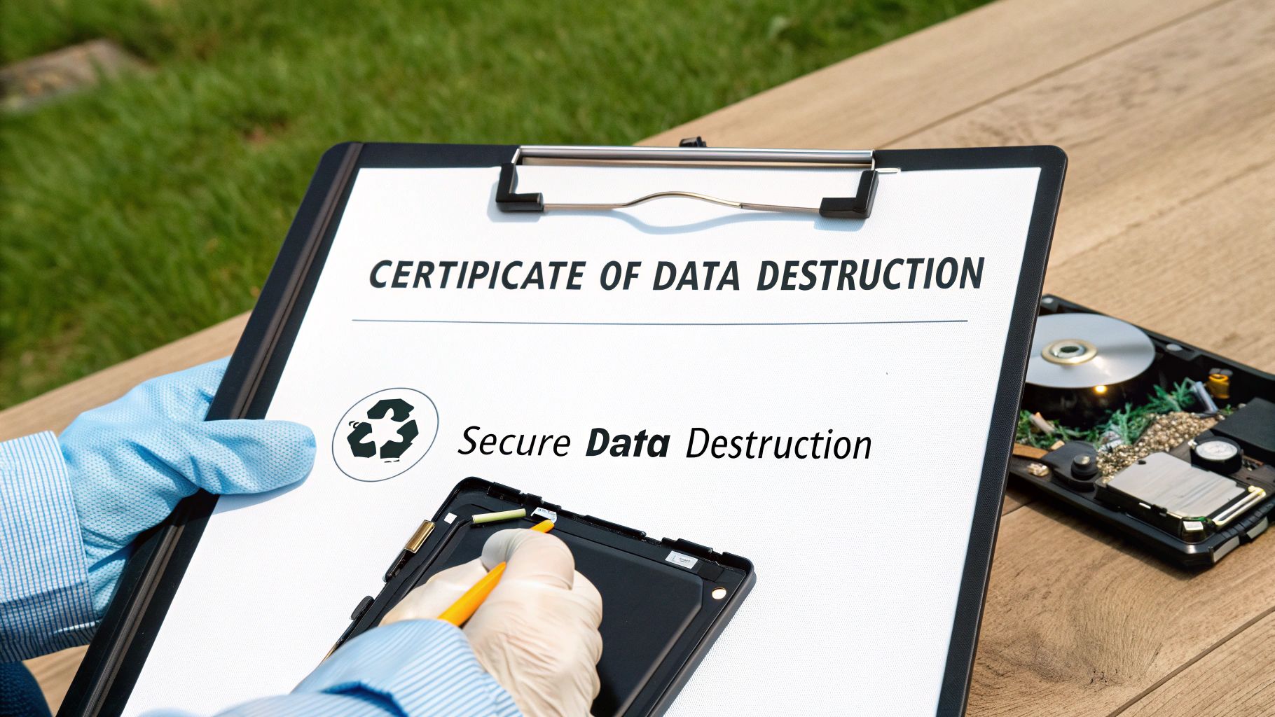 A gloved hand holds a data destruction certificate over disassembled electronics, emphasizing secure e-waste disposal.