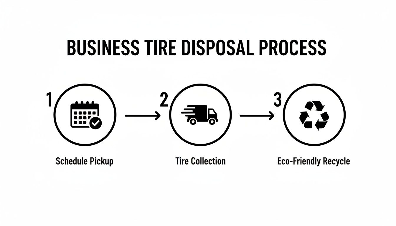 Visual representation of the business tire disposal process, including scheduling pickup, collection, and eco-friendly recycling.