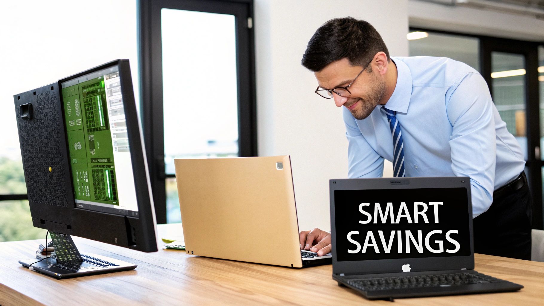 Business professional engaging with refurbished PCs on a desk, featuring a laptop displaying "SMART SAVINGS" and a desktop monitor with visible internal components, emphasizing cost-effective technology solutions for corporate sustainability.