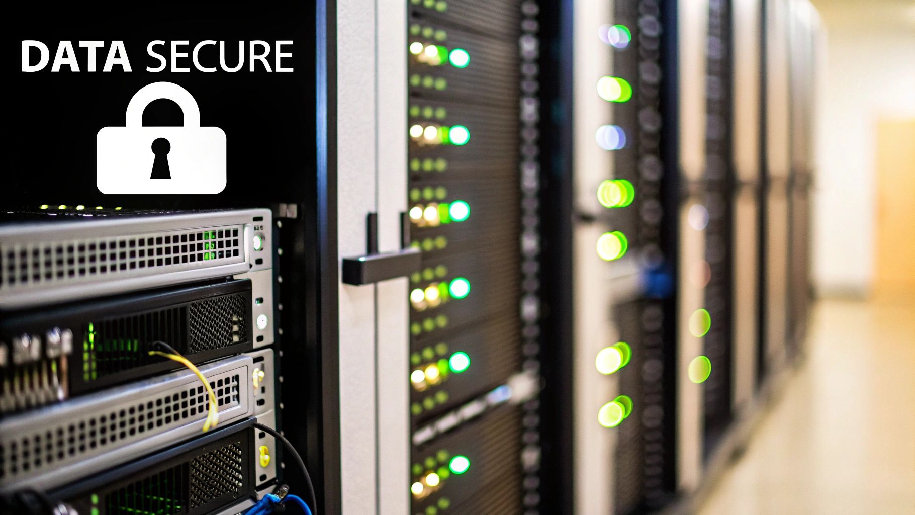 Servers in a data center with a lock icon overlay indicating data security