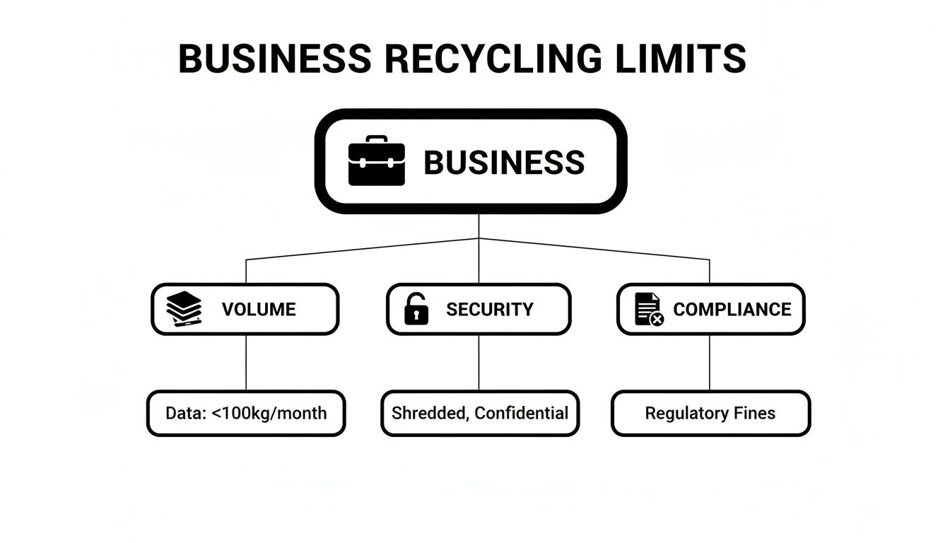 A business recycling limits diagram detailing volume, security, and compliance factors like data weight, confidentiality, and regulatory fines.