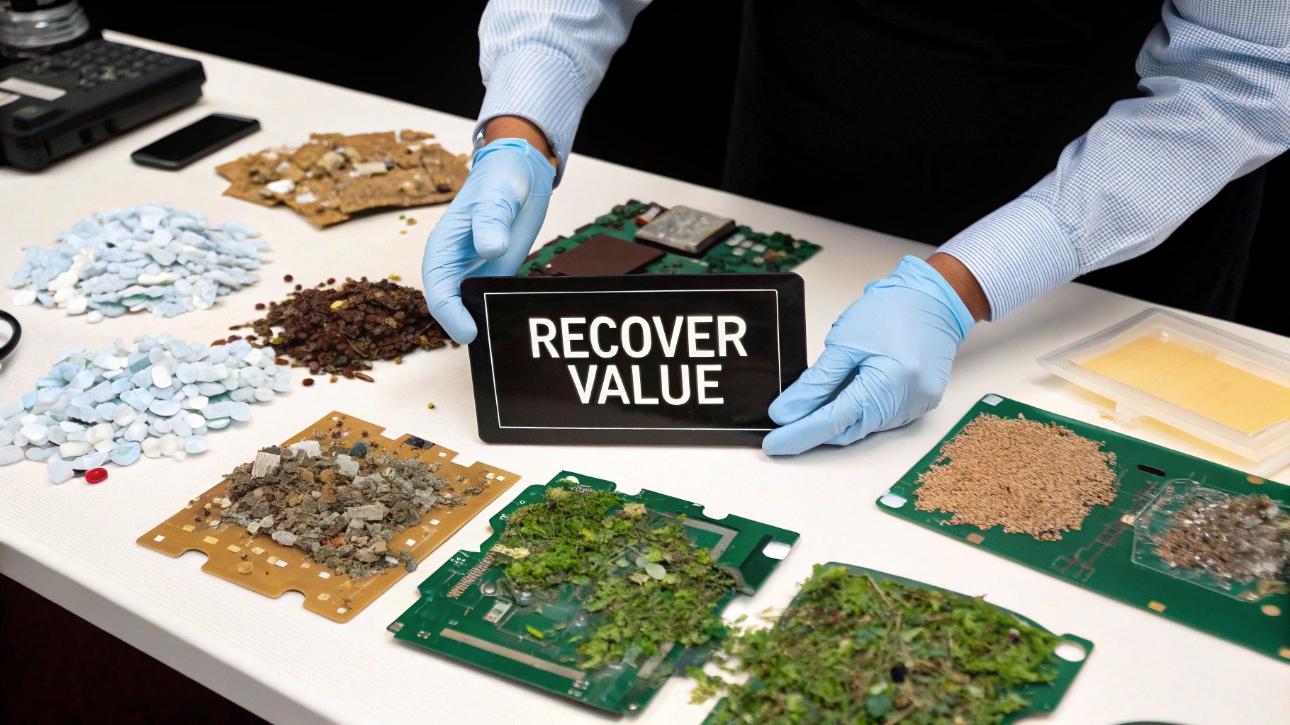 A person in gloves holds a 'RECOVER VALUE' sign over a table with electronic waste for recycling.