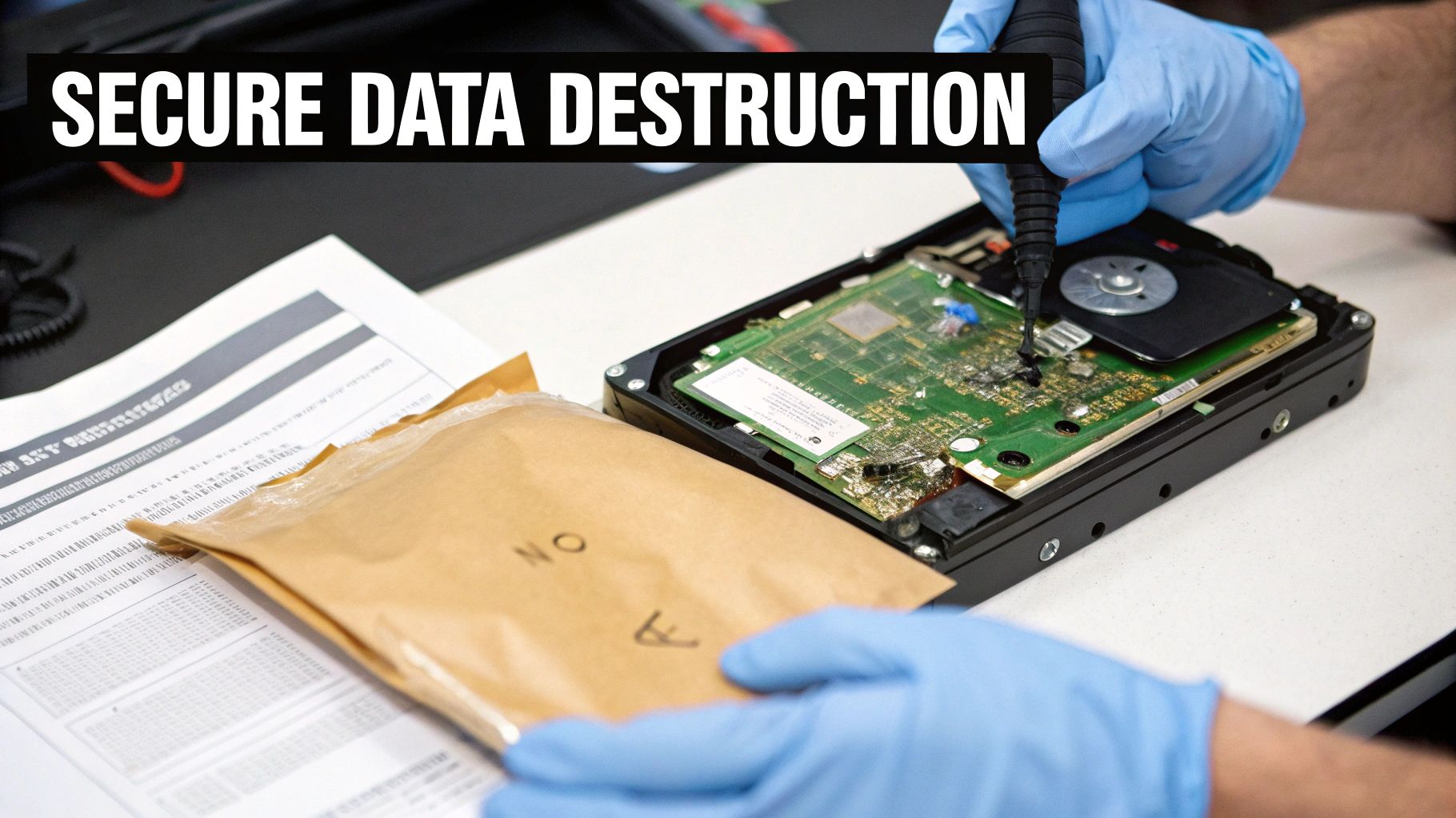 A technician in blue gloves performs secure data destruction on an open hard drive, next to documents.