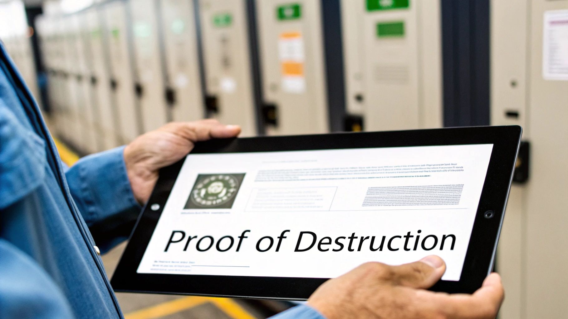 A professional reviewing a document with a laptop and hard drive nearby, signifying verification of data sanitization