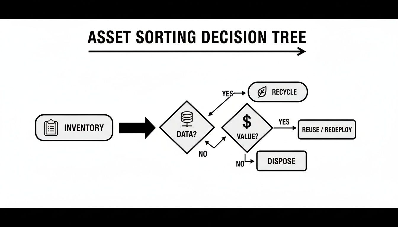 Flowchart illustrating an asset sorting decision tree for inventory management and disposition processes.