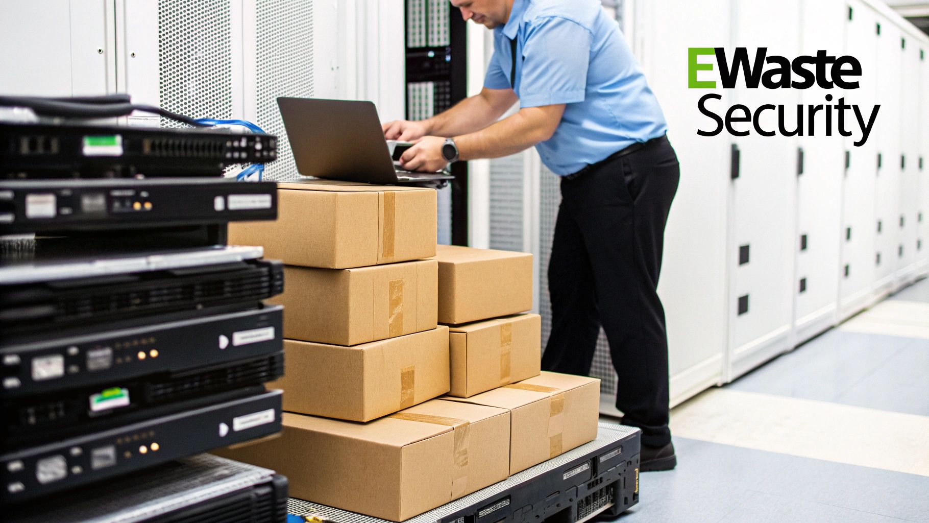 A technician works on a laptop in a data center surrounded by servers and e-waste boxes.