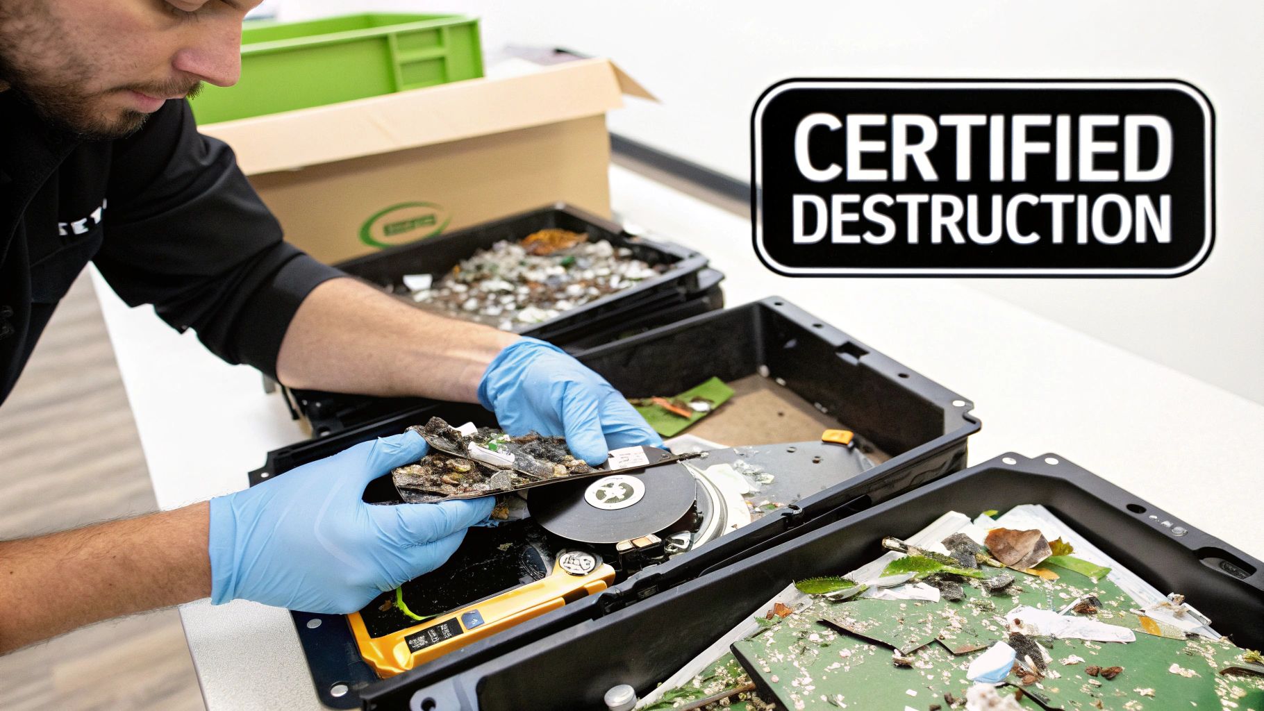 A close-up shot of a hard drive being handled, symbolizing data security.