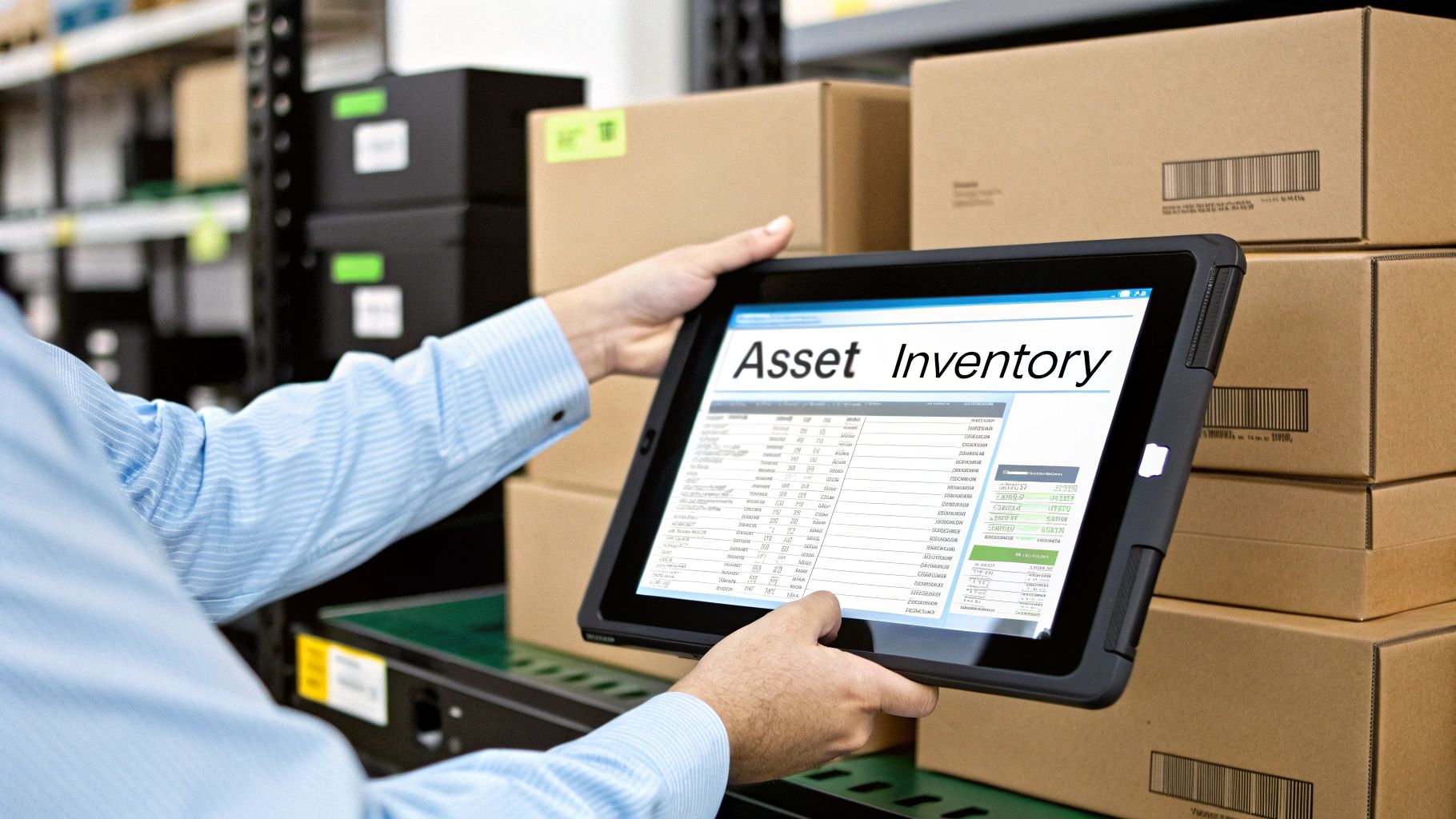 Person holding a tablet showing 'Asset Inventory' in a warehouse with stacked boxes.