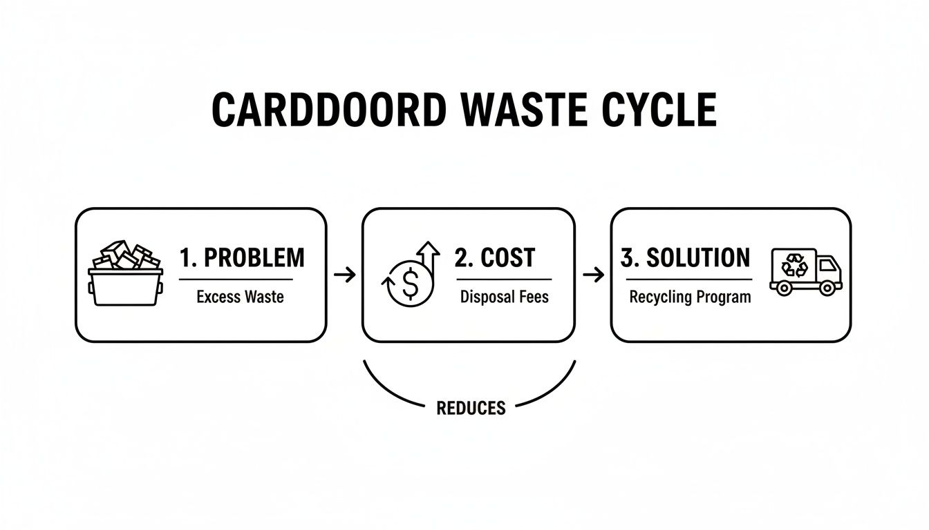 Diagram illustrating the cardboard waste cycle, showing excess waste, disposal fees, and how a recycling program reduces costs.