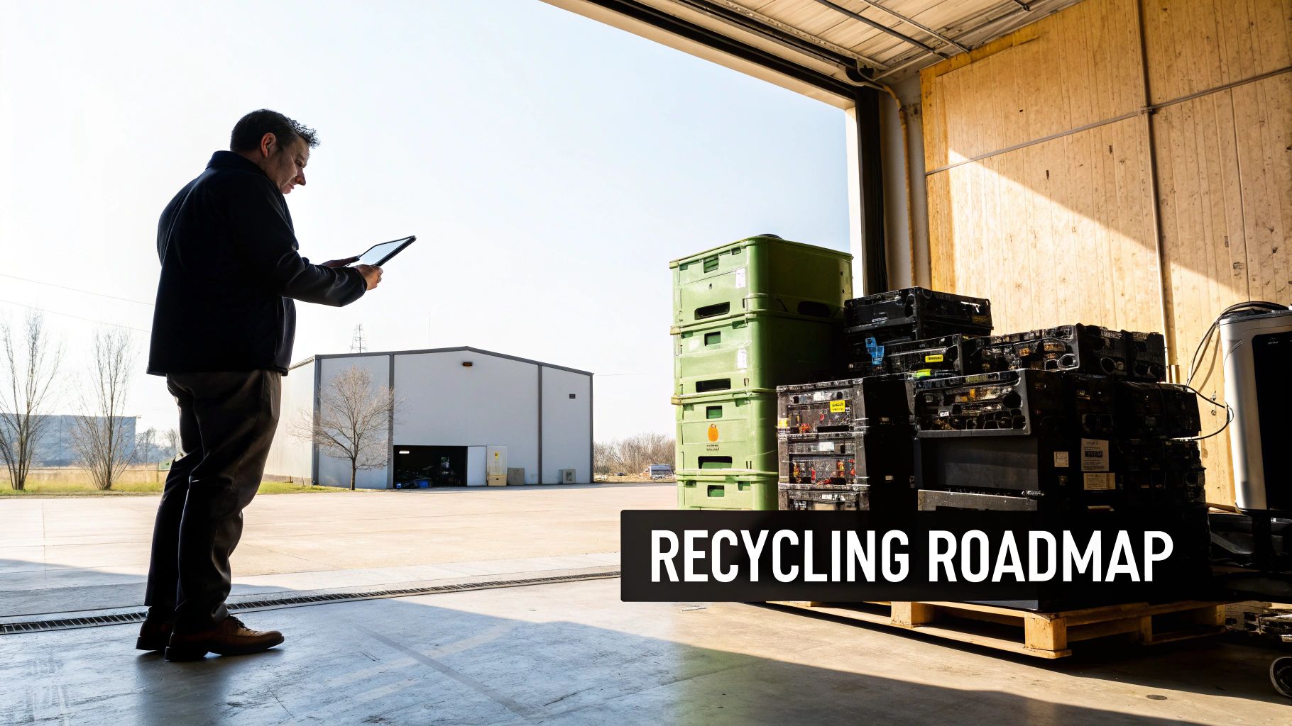 Man uses tablet in warehouse with stacks of green and black recycling containers and "RECYCLING ROADMAP" text.