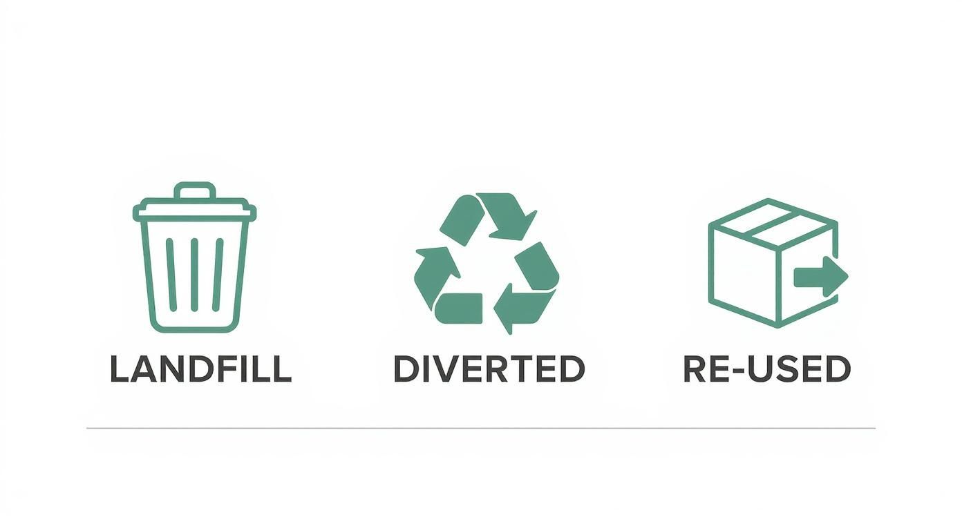 Infographic showing waste diversion data with icons for landfill, diverted materials, and re-used items.