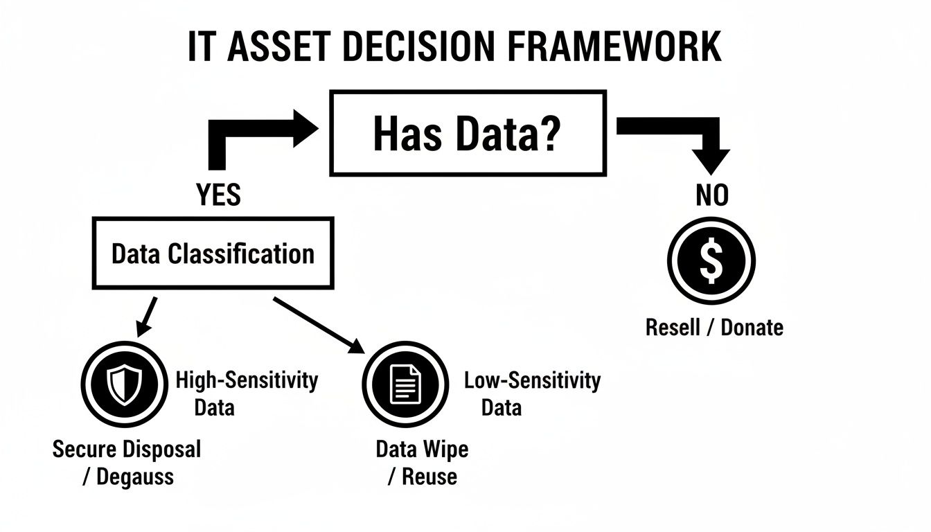 A flowchart showing an IT asset decision framework for data handling and disposal.