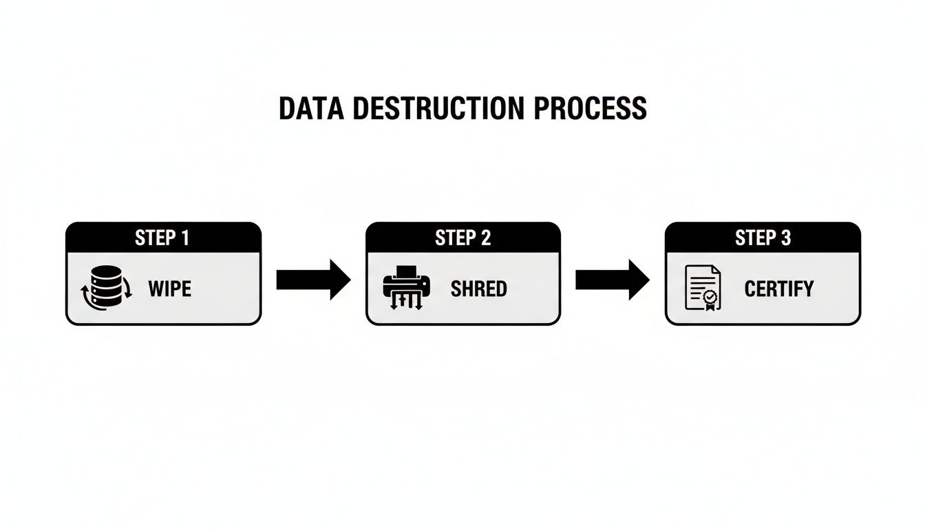 A flowchart illustrating the three-step data destruction process: wipe, shred, and certify.