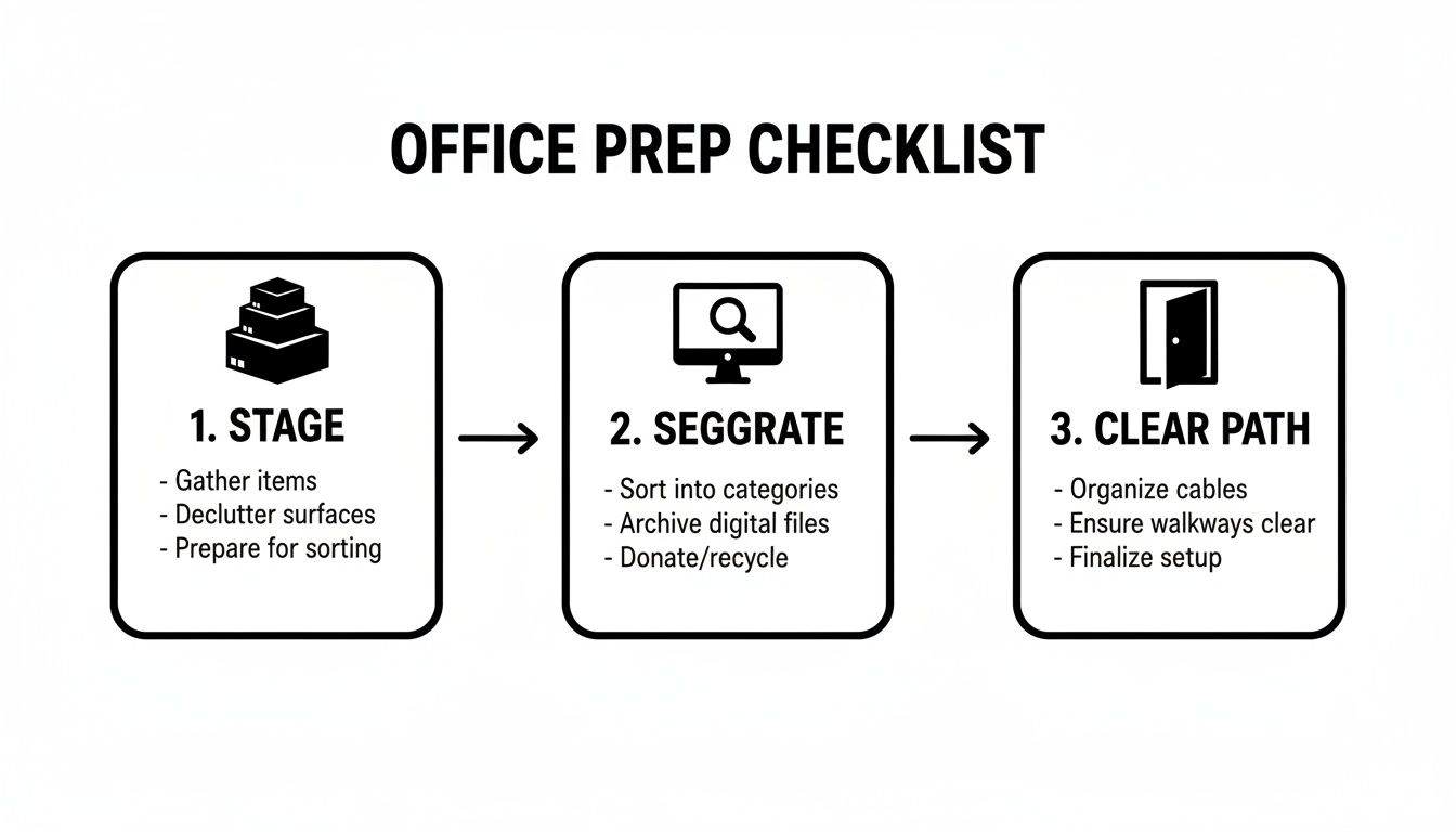 Office prep checklist detailing three steps: stage, segregate, and clear path for organization.