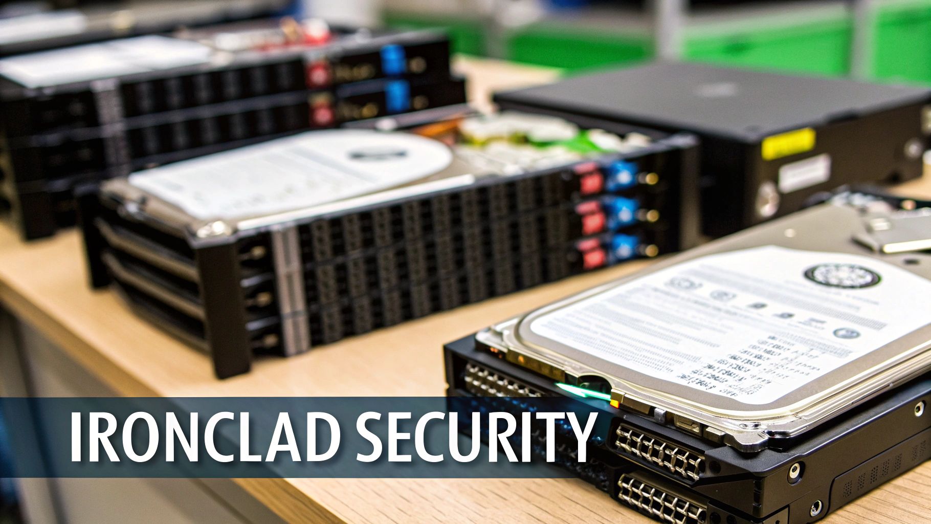 A secure data destruction facility with a large industrial shredder processing hard drives.