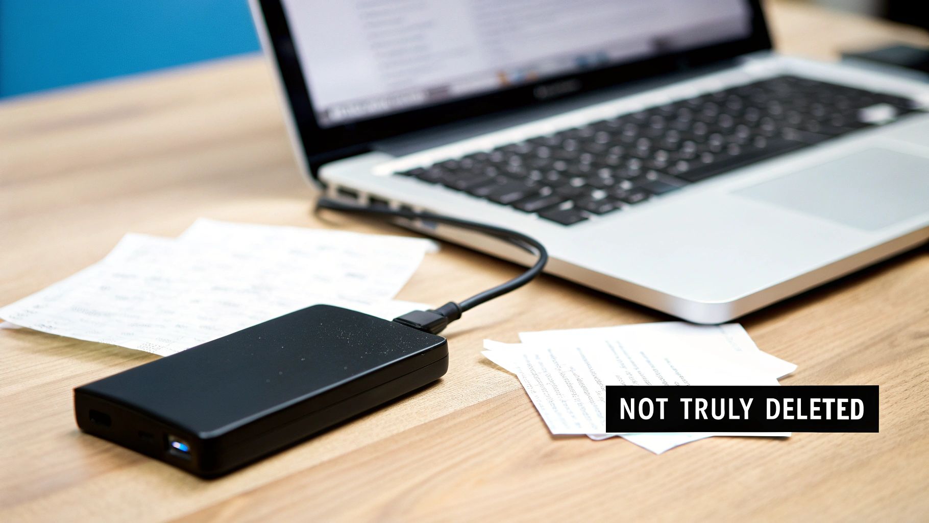 An external hard drive connected to a laptop on a wooden desk, with papers and text 'NOT TRULY DELETED'.