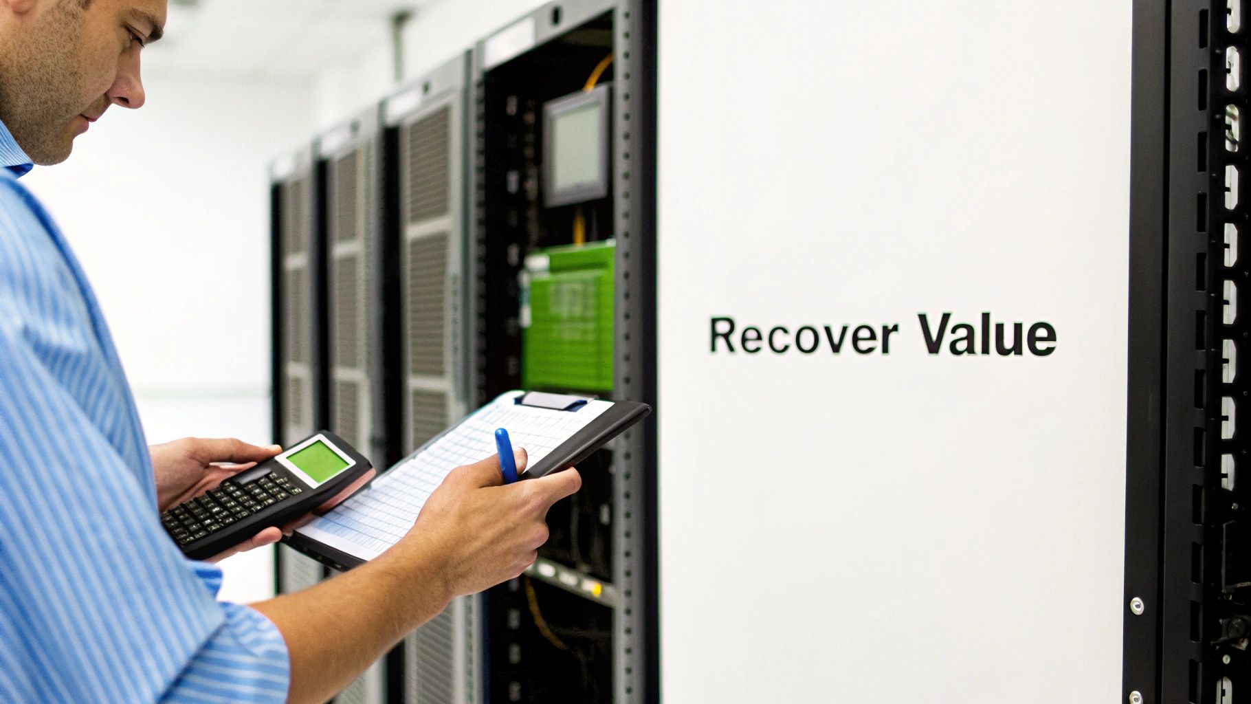 Man with calculator and clipboard inspecting server racks in a data center, focusing on recovering value.