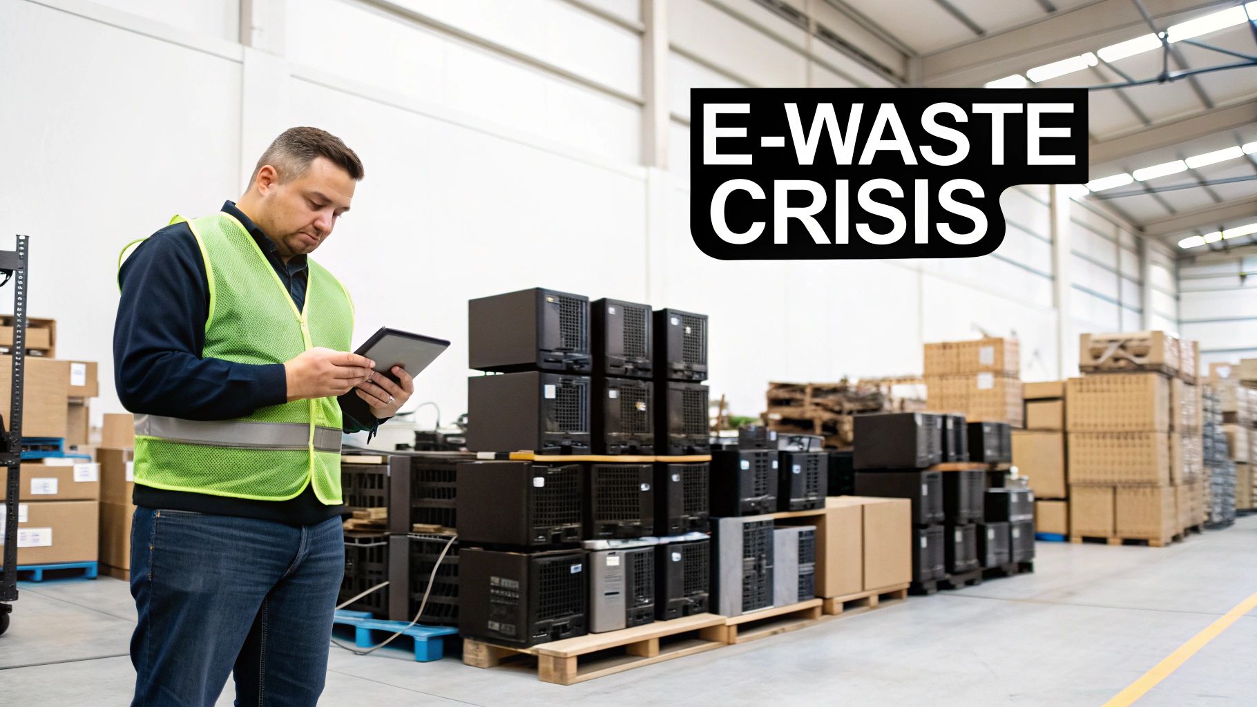 Warehouse worker using tablet to inventory electronic waste including computers and servers for recycling