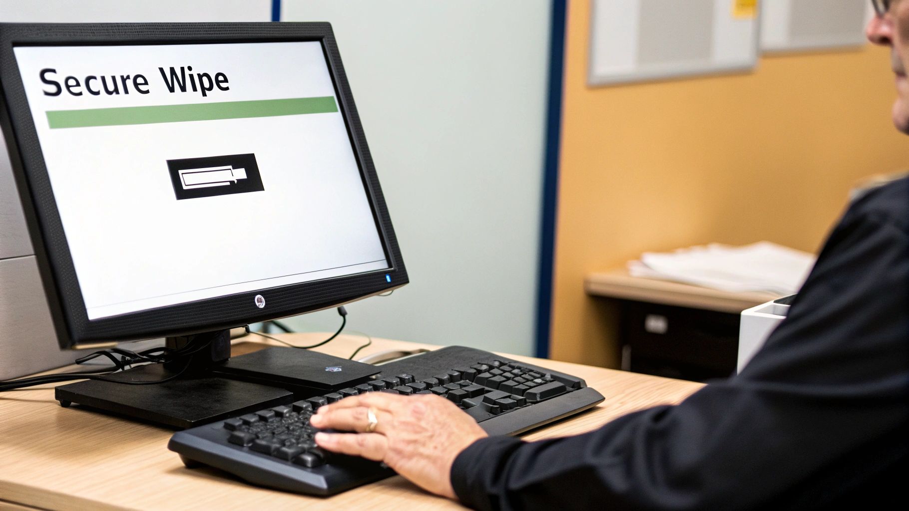 A person's hands are on a keyboard in front of a monitor displaying 'Secure Wipe' with a progress bar.