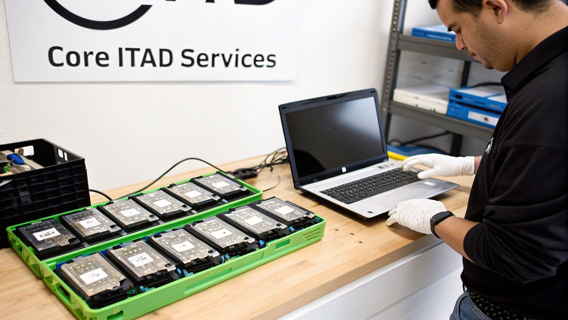 A technician wearing gloves works on a laptop next to trays of hard drives for data wiping.