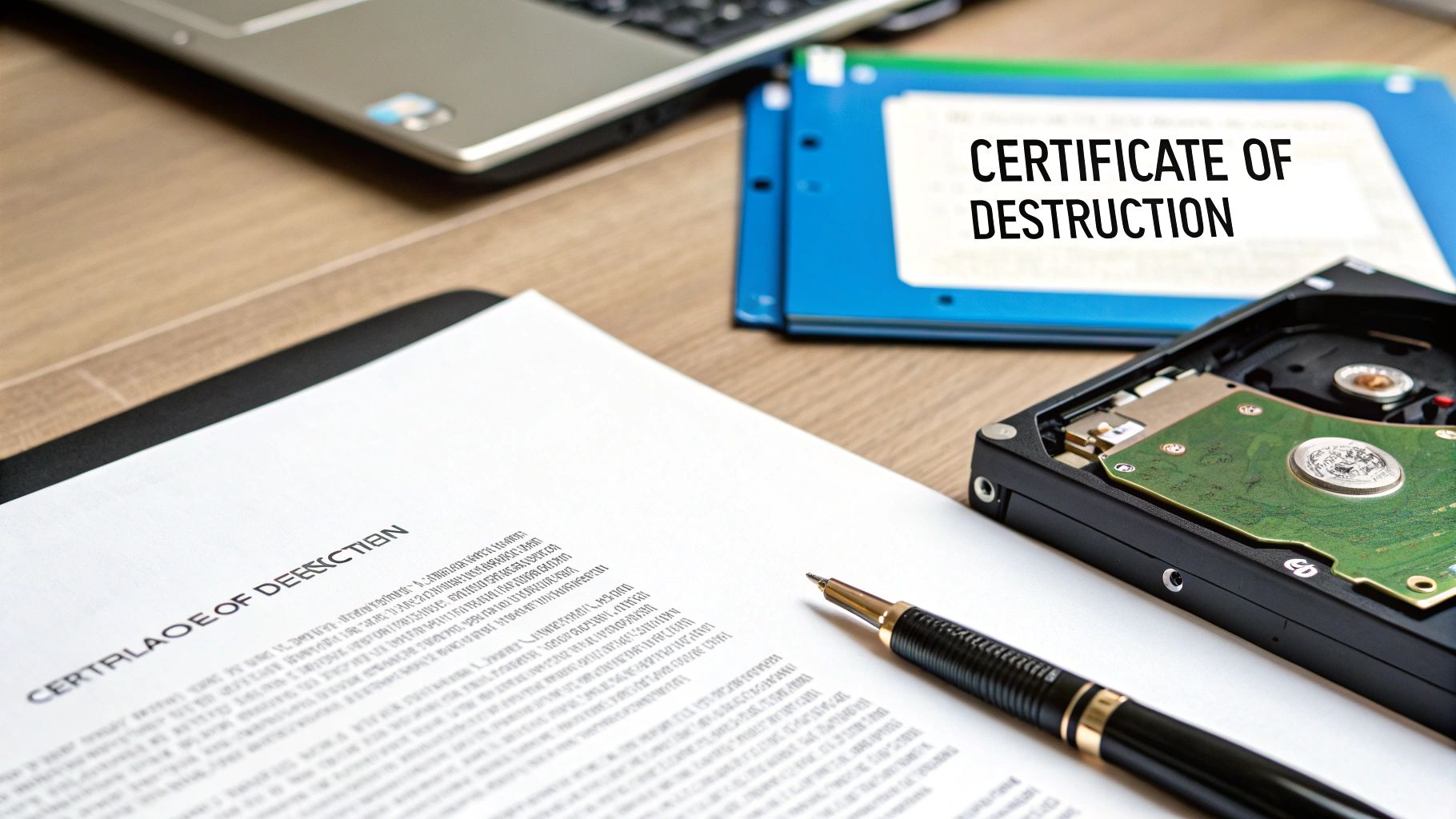 A business professional carefully reviewing a Certificate of destruction document, with a backdrop of server racks.