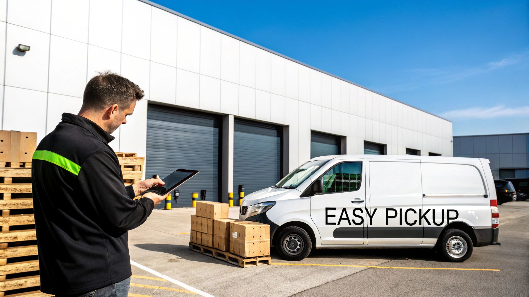 Delivery driver with tablet managing logistics near white van at warehouse loading dock