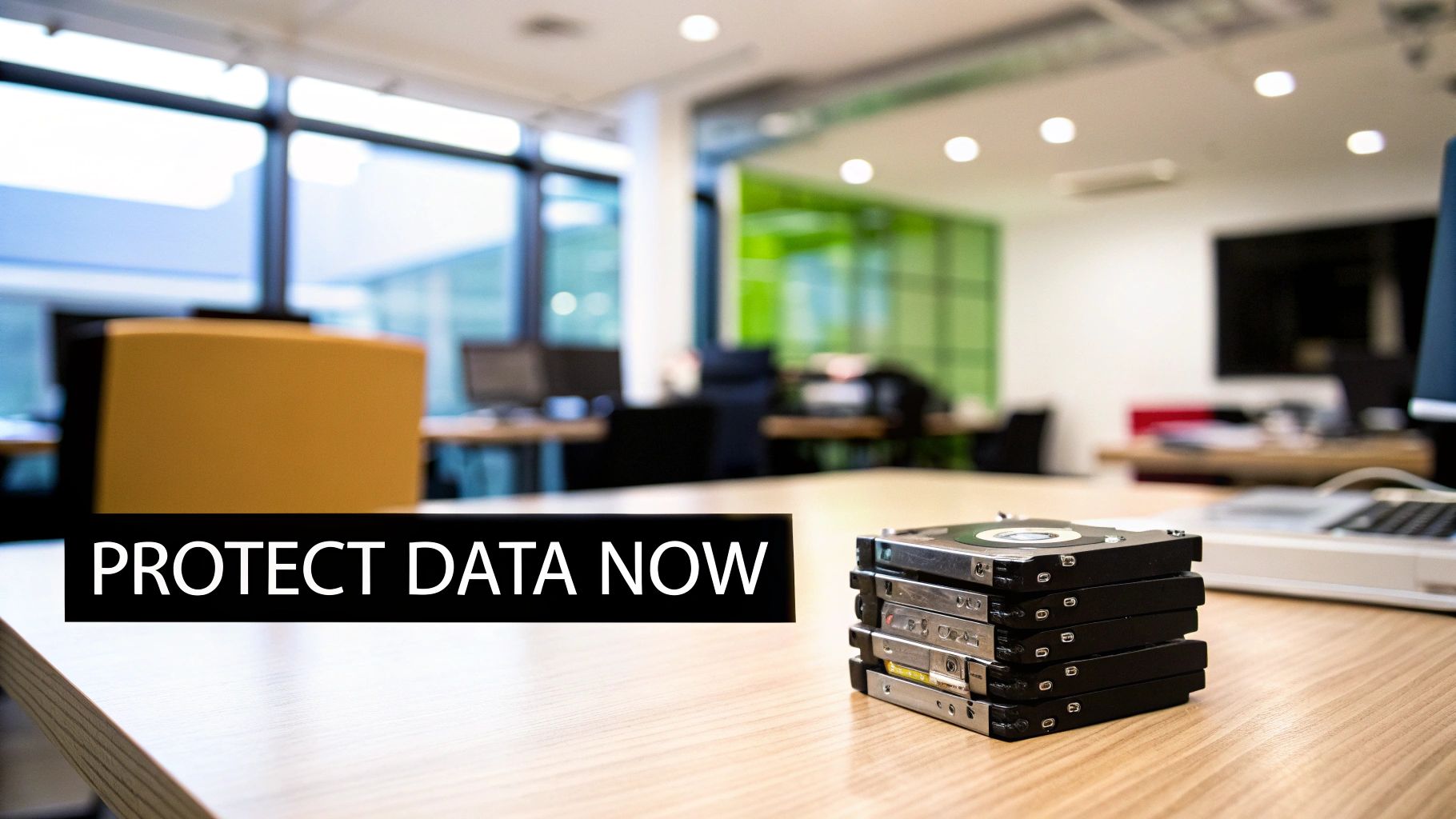 A stack of old hard drives on a wooden desk with a 'PROTECT DATA NOW' sign in an office setting.